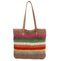Handmade rainbow straw tote bag with colorful stripes and brown leather shoulder straps - Top Zipper Style / Khaki