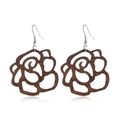 Detailed view of hollowed-out wooden rose earrings in brown with subtle reflections - Style 39