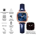 Elegant rose gold square watch with navy blue sunray dial and leather strap for women - Rose Gold-Deep Blue Dial Blue Leather Strap