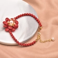 Natural pearl and red floral bead bracelet with golden adjustable chain on silk - Coral Set Multilayer Style (GB0193)
