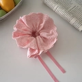Pink lace scrunchie with floral embroidery and long ribbons in a sweet aesthetic - Lace Streamer Style / Pink