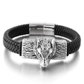 Men's braided black leather bracelet with silver wolf head and magnetic clasp - 21cm Steel Color