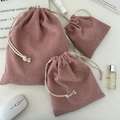 Three-piece set of pink corduroy drawstring storage bags in various sizes for cosmetics - Small (14x16) / Nude Pink