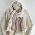 Artistic beige and cream striped cotton linen scarf with elegant fringe edges - Off-white and Khaki