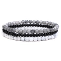 Three-piece stretch bracelet set with black, white, and grey marble-textured natural stone beads - 18.5cm-19cm / Map Stone