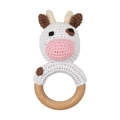 Handmade crochet baby rattle with cartoon cow design and natural wooden ring - White Cow
