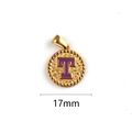 Golden round pendant with purple letter T and hammered texture finish, 17mm size - Letter T