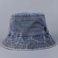 Detail of washed denim bucket hat with contrast stitching and metal shield emblem - M (56-58cm) / Dark Blue