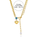 Golden heart necklace with blue water drop zircon and white pearl tassel on white background - T0277 Heart-shaped Blue Necklace