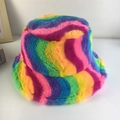 Plush rainbow striped bucket hat with soft colorful faux fur and warm autumn winter design - M (56-58cm) / Plush Basin Hat-Rainbow Stripes