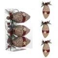 Three linen Christmas foam cones with red black plaid ribbons and star decors in a clear box - Style P / 3PCS Set