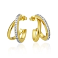 Fashionable interlocking double hoop earrings with gold smooth and silver textured finishes - Double Loop Overlap Color Blocking (Gold/Silver)