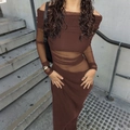Elegant off-shoulder long sleeve mesh maxi dress in deep brown with waist pleats - S / Dark Brown