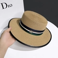 Detailed close-up of straw boater hat with tricolor ribbon and round metal buckle - Khaki / Adjustable