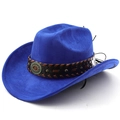 Detail of royal blue suede cowboy hat with studded leather band and turquoise buckle - Sapphire Blue