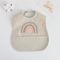 Waterproof baby bib in beige with rainbow print and a deep spill-proof pocket - Pu Bib (double-layer Pocket) - Tricolor Rainbow / One Size