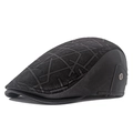 Classic men's duckbill cap with grey geometric texture and black leather peak - Black