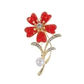 Elegant gold flower brooch with red faceted crystals and a white pearl accent - Red