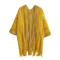 Cardigan giallo in maglia con bordi etnici colorati e nappe per donna - Tops / Giallo