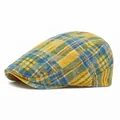 Vintage yellow and blue plaid cotton beret cap with premium stitching detail - Adjustable / Yellow Plaid