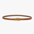 Adjustable ginger yellow genuine leather skinny belt with decorative gold wave buckle - Ginger Yellow