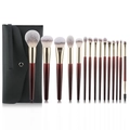 Profi 15-teiliges Make-up Pinselset mit dunkelroten Holzgriffen und schwarzem Lederetui - 15-Teiliges Make-up-Pinsel-Set mit Knopftasche / Burgunderrot