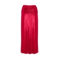 Detailaufnahme des roten Metallic-Maxirocks mit seitlicher Raffung und elegantem Fall - Einheitsgröße / Roter Sarong-Rock