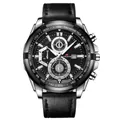Orologio sportivo da uomo con cinturino in pelle nera e quadrante cronografo in acciaio - Argento Nero