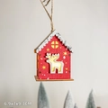 Red wooden LED Christmas house ornament with white reindeer and star cutouts, 6.9x7x9.3CM - Red Reindeer Cabin Hanging