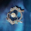 Golden camellia wreath brooch with white pearl and colorful crystals on blue silk - Round Pearl Brooch