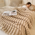 Plush beige faux rabbit fur blanket with luxury wave texture and matching pillowcase - Khaki