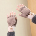 Winter convertible knit gloves with fleece lining and tricolor fingerless design - Half-Finger Flip Cover Style / Khaki