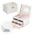 Three-tier white jewelry box with rain silk pattern, gold lock, and inner mirror - Silk Pattern White