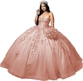 Elegant rose gold Quinceañera ball gown with sequin embroidery and floral lace details - XS / Champagne Pink