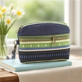 Ethnic plaid fabric coin purse with double zippers and side carry strap in blue and green - Green Ethnic Style Coin Purse
