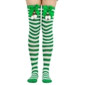 Detail of green and white striped over-knee socks with satin bows and plush pom-poms - One Size / Green Bowknot With White Pompom / Green and White Striped