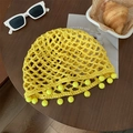 Bonnet au crochet fait main jaune avec perles à franges et motif tricoté ajouré bohème - Taille unique / Jaune
