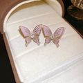 Pink butterfly stud earrings with zircon and gold finish on cream velvet background - Pink Purple Gradient Butterfly Zircon (37#)