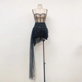 Elegant black sequined mesh dress with corset bodice and asymmetrical high-low hemline - Black (Two-piece Set)