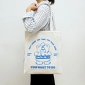 Off-white canvas tote bag featuring a blue cartoon bear and motivational quotes - Single Layer Animal - Blue