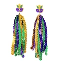 Macro shot of Mardi Gras tassel earrings featuring sequined jester masks and beads - Mardi Gras Mask Shape Sequin Tassel Dangle Earrings