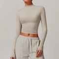 Slim fit long sleeve cropped yoga top in light beige quick-dry fabric for women - S / Light Khaki
