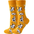 Close-up of yellow crew socks featuring cute cartoon cat patterns and white heart details - Yellow Ribbon Cat