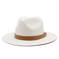 Close-up of woven straw fedora hat texture with brown leather band and golden stud - M (56-58cm) / White