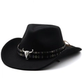 Classic black wool felt western cowboy hat with ethnic braided band and metal bull skull - M (56-58cm) / Black