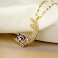 Gold star and moon necklace with purple zircons on white silk and stone surface - Gold with Purple Stars