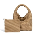 Woven tote bag and matching wallet set in khaki brown faux leather with intrecciato pattern - Camel
