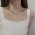 Chic half pearl and half silver chain necklace with OT buckle and crown ring pendant - Patchwork Half Pearl Chain OT Buckle Crown Pendant Necklace (X0812)