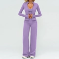 Three-piece purple yoga set featuring a zip-up jacket, sports bra, and wide-leg pants - S / Top And Bottom / 3-Piece Set (Jacket + Vest + Wide Leg Pants) / Lilac Purple