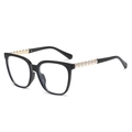 Retro square black sunglasses for women featuring elegant white pearl chain decor temples - Bright Black Frame Pearl Temple Clear Lens